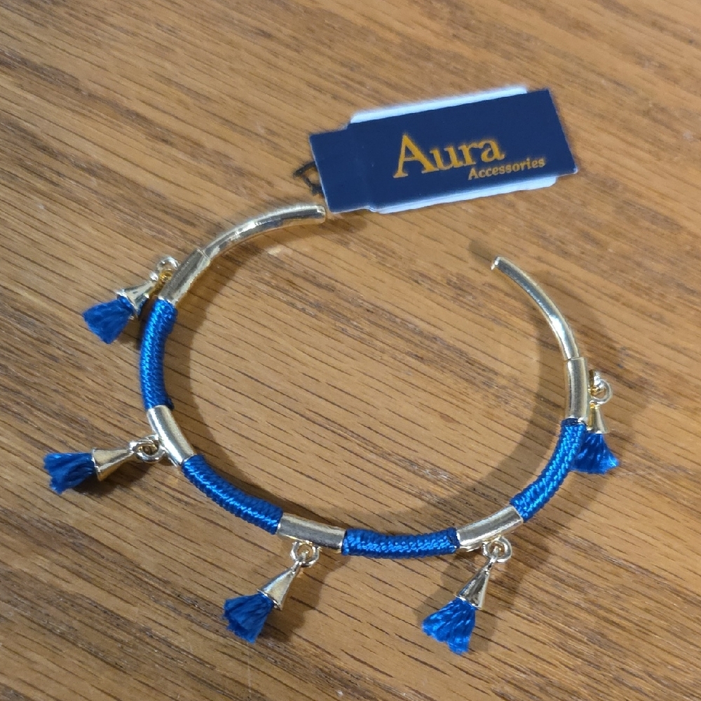 Aura Accessories Blue & Gold Tassel Bangle Bracelet